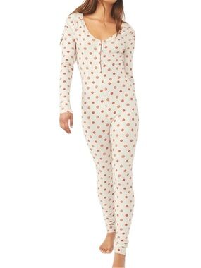 Free People Cream Henley Floral Thermal Onesie with Red Print S